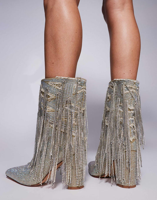 Azalea Wang Relentless embellished fringe heeled ankle boots in silver