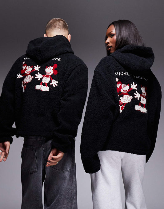 هودي كبير الحجم للجنسين بخامة بورغ مع تطريز Mickey Mouse & Minnie Mouse من ASOS DESIGN باللون الأسود