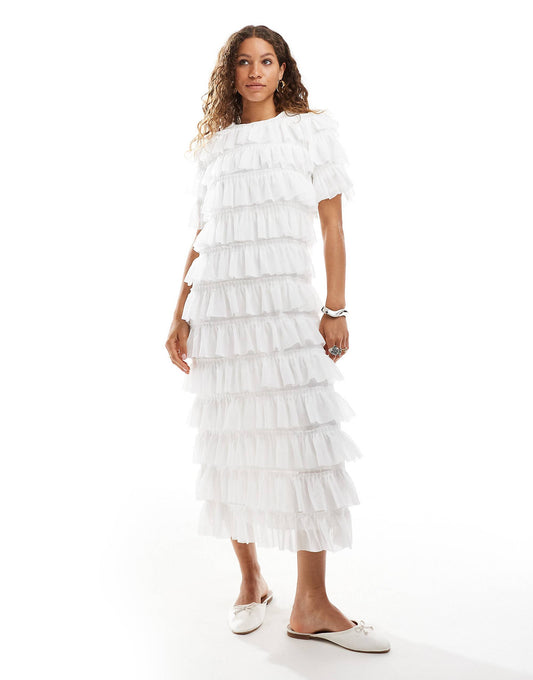 Ghospell tiered ruffle midaxi dress in cream