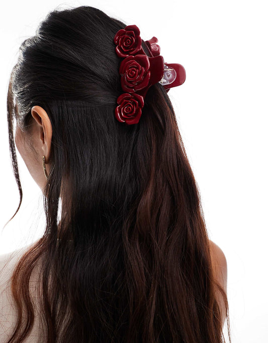 ASOS DESIGN hair claw with rose detail in burgundy