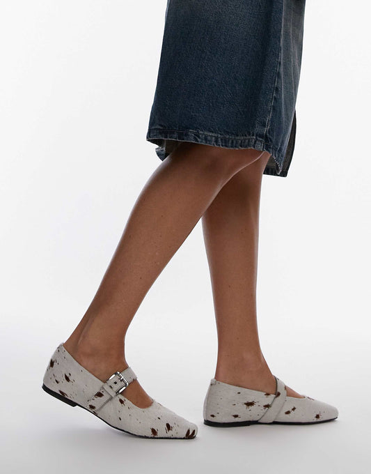 Topshop Cyndi leather square toe ballet flats with buckle detail in cow print pony