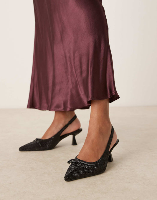 Glamorous Wide Fit slingback kitten heels with bow in black embellished