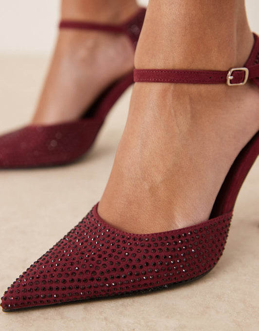 Glamorous pointed high heeled court shoes in berry embellished