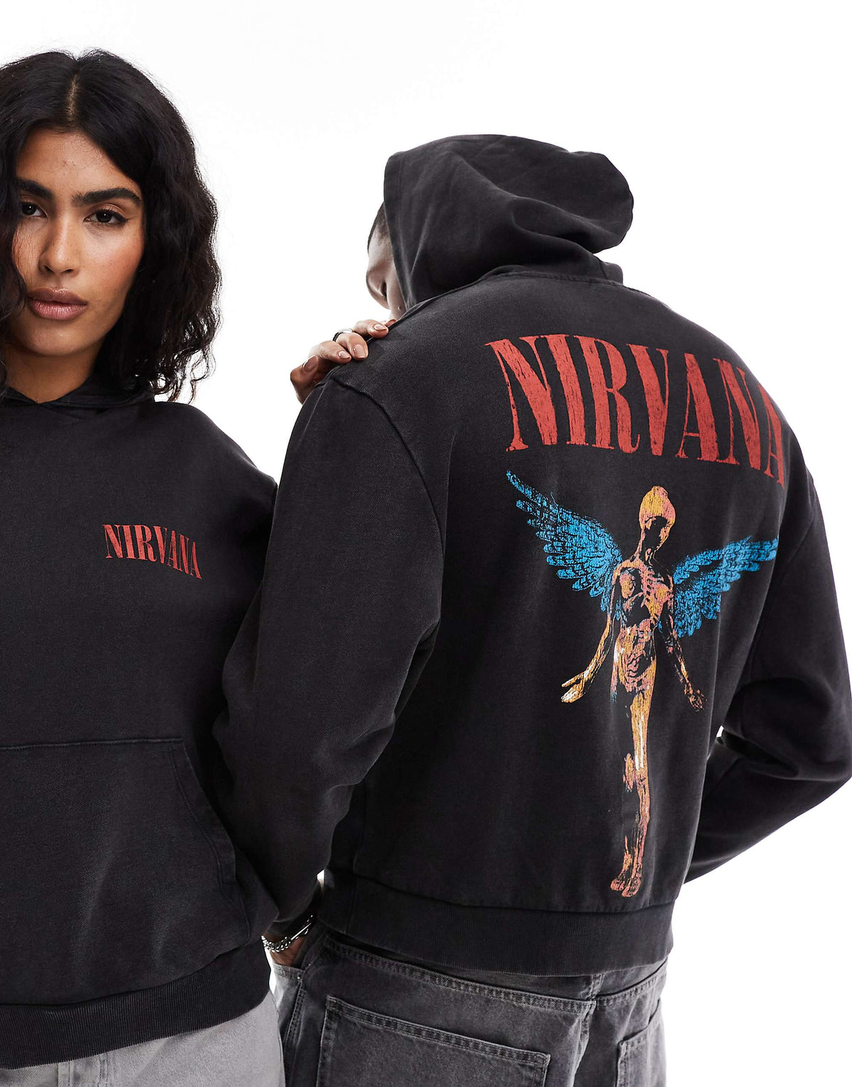 هودي للجنسين من ASOS DESIGN مع طبعات Nirvana باللون الأسود المغسول