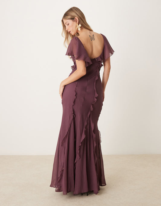 ASOS DESIGN flutter sleeve ruffle godet maxi dress in aubergine