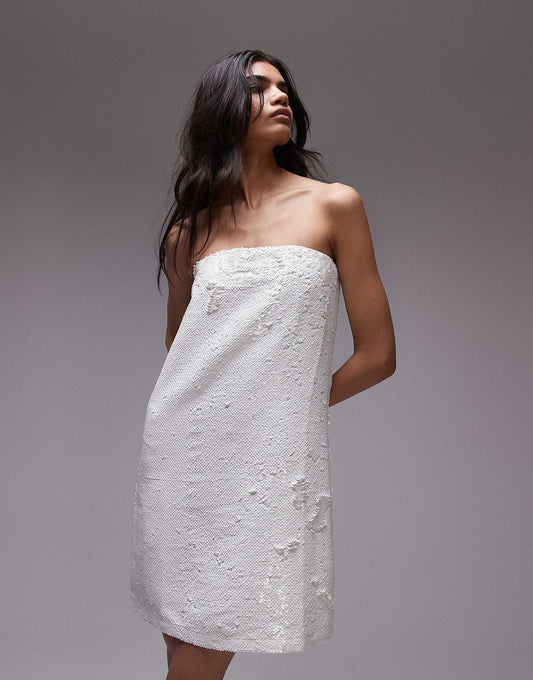 Topshop sequin embellished bandeau mini dress in white
