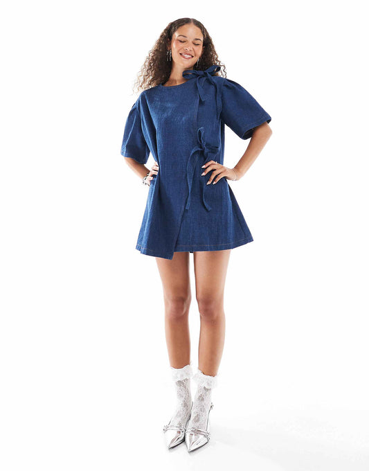 Ghospell bow detail textured mini dress in dark wash denim