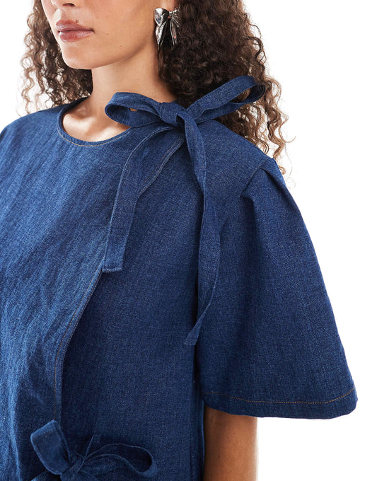 Ghospell bow detail textured mini dress in dark wash denim