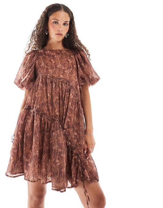 Ghospell asymmetric ruched mini dress in brown print