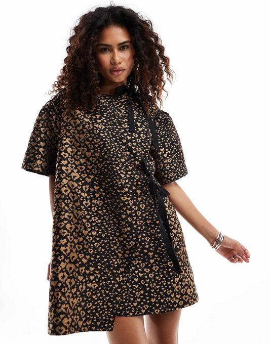 Ghospell bow detail textured mini dress in leopard print