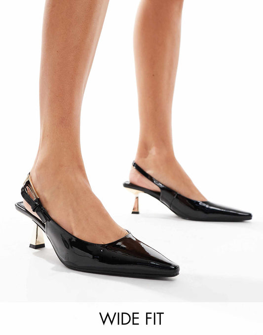 Simmi London June Wide Fit pointed slingback  kitten heels in black patent