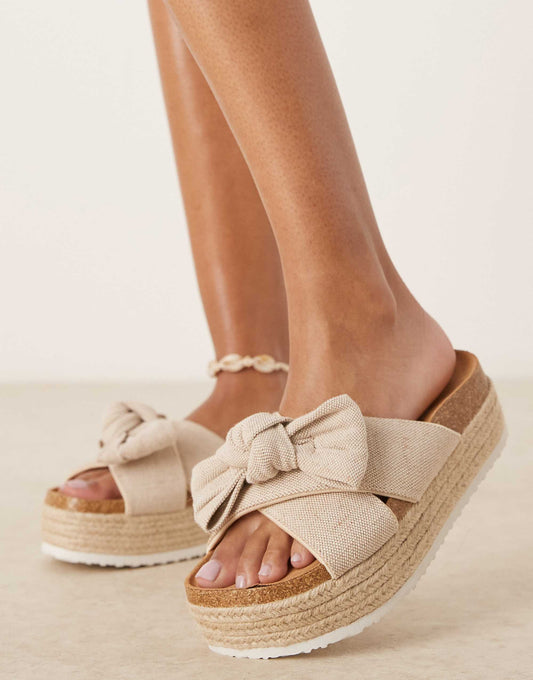 ASOS DESIGN Wide Fit Thankful bow detail flatform sandals in natural fabrication