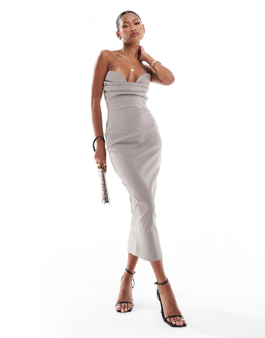 Vesper bandeau sweetheart neckline bodycon midaxi dress in taupe
