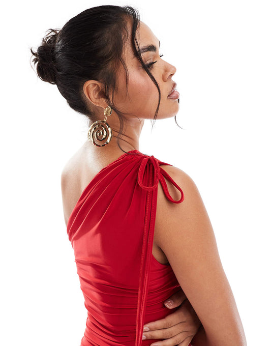 Kaiia exclusive slinky one shoulder drawstring detail bodycon maxi dress in red