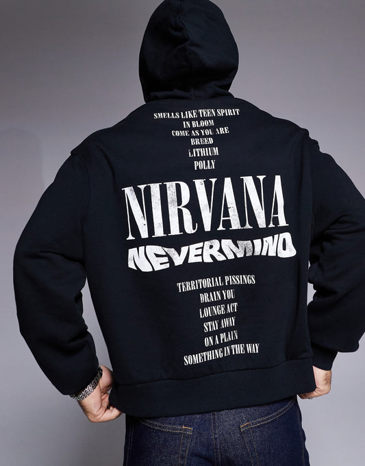 هودي بحجم كبير جدًا للجنسين من ASOS DESIGN مع طبعات Nirvana Nevermind باللون الأسود