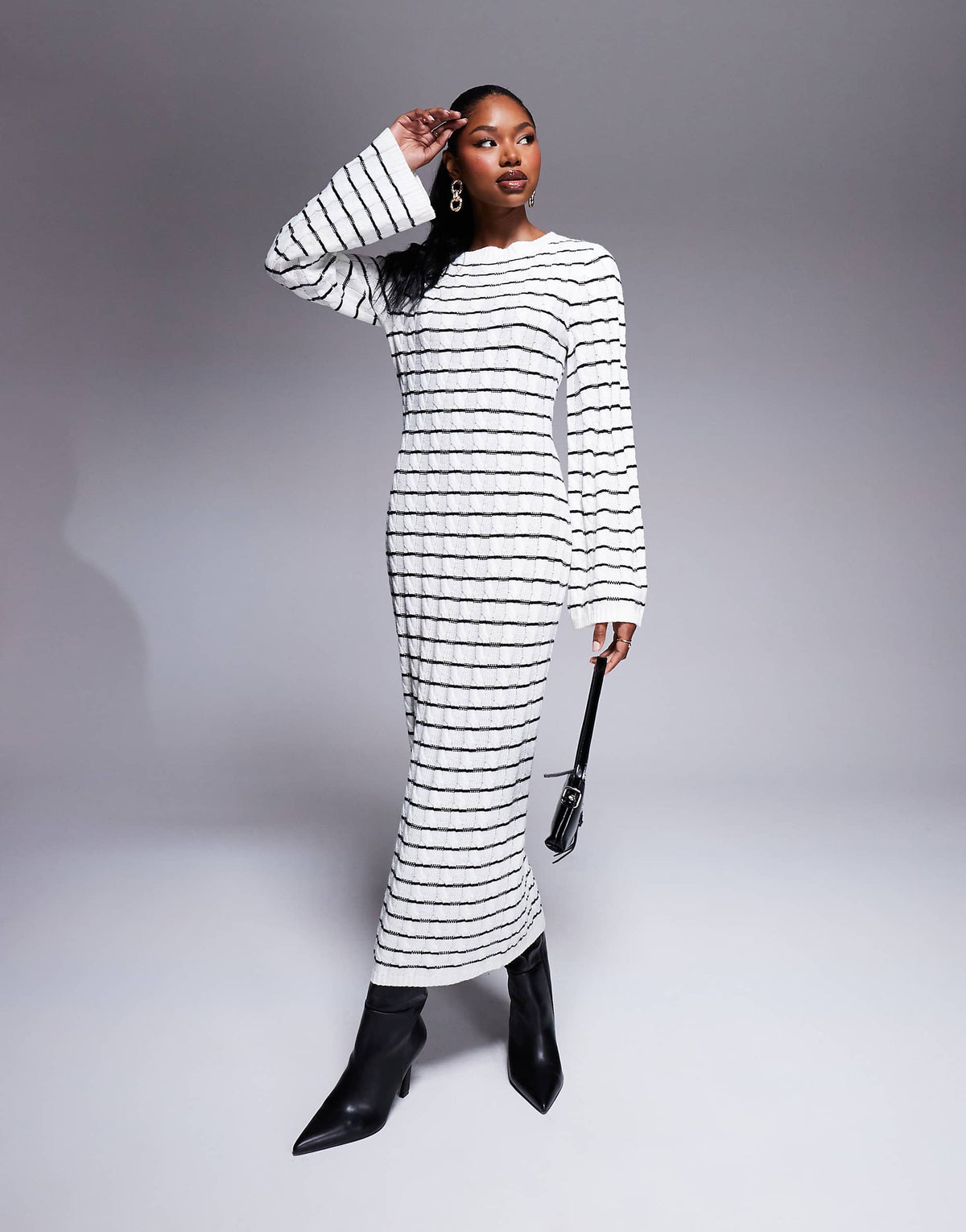 Kaiia exclusive knitted maxi jumper dress in black and cream stripe