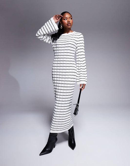 Kaiia exclusive knitted maxi jumper dress in black and cream stripe