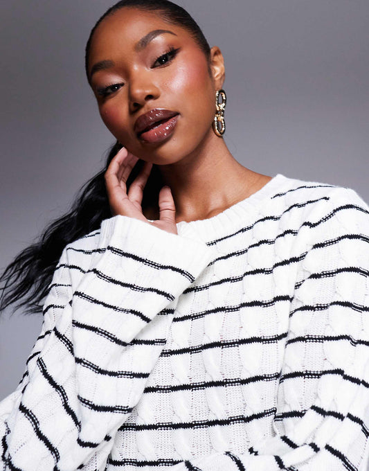 Kaiia exclusive knitted maxi jumper dress in black and cream stripe