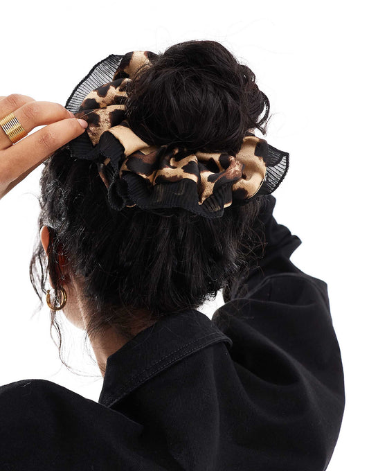 ASOS DESIGN scrunchie hairband with leopard print and contrast frill edge