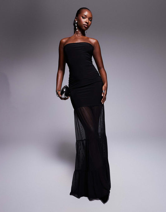 Kaiia exclusive bandeau double layered slinky mesh hem maxi dress in black