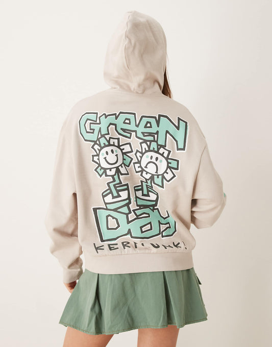 هودي للجنسين بحجم كبير جدًا من ASOS DESIGN مع طبعات Green Day باللون الرمادي