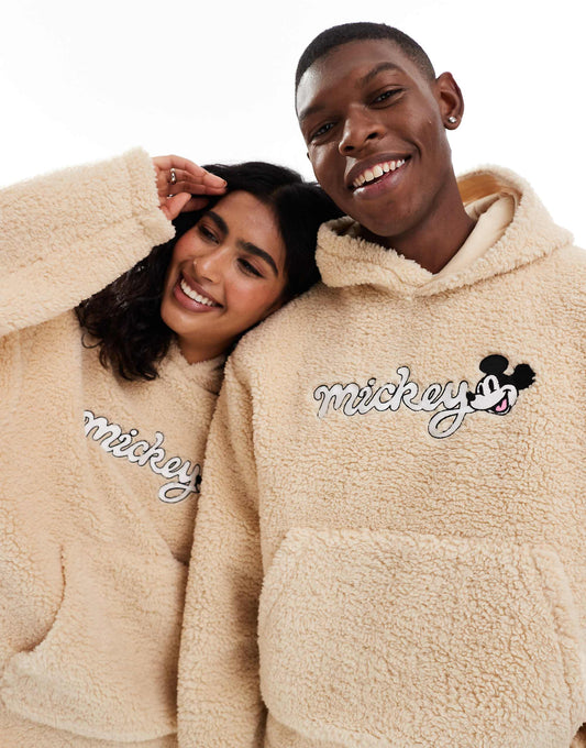 هودي من ASOS DESIGN للجنسين بحجم كبير جدًا بخامة بورغ مع تطريز وجه Mickey باللون البيج