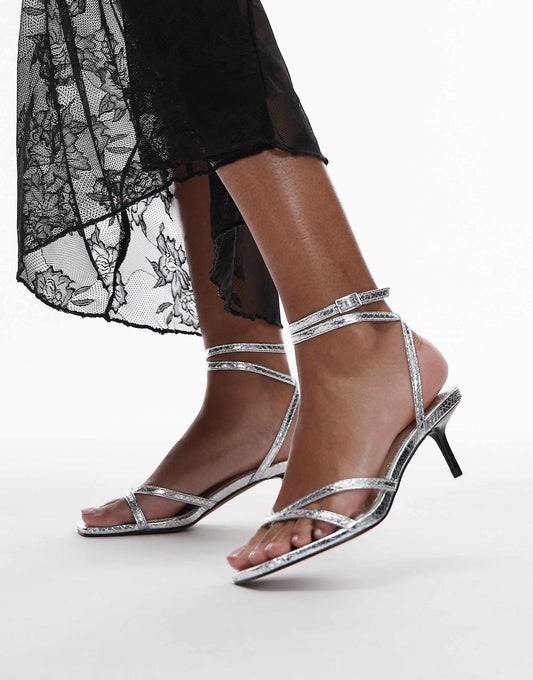 Topshop Imogen strappy mid heeled sandals in silver