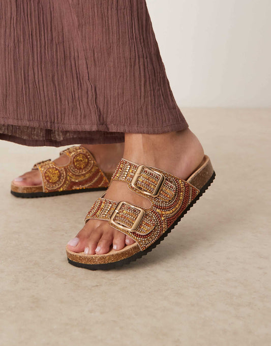 ASOS DESIGN Wide Fit Funky beaded double strap flat mules in amber
