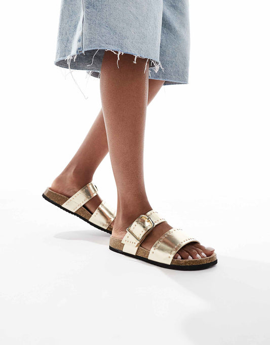 ASOS DESIGN Wide Fit Fallon studded footbed sandals in gold