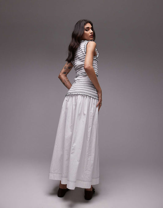 Topshop sleeveless contrast stitch shirred dress in white