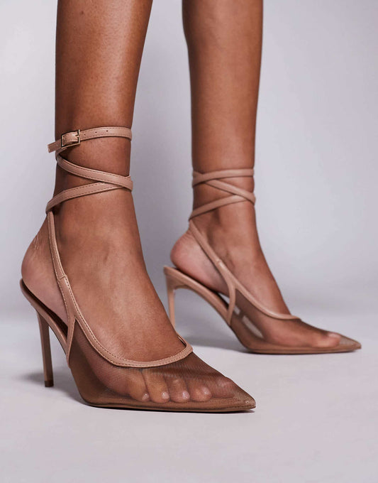 ASOS DESIGN Wide Fit Poetry mesh detail slingback high shoes in beige