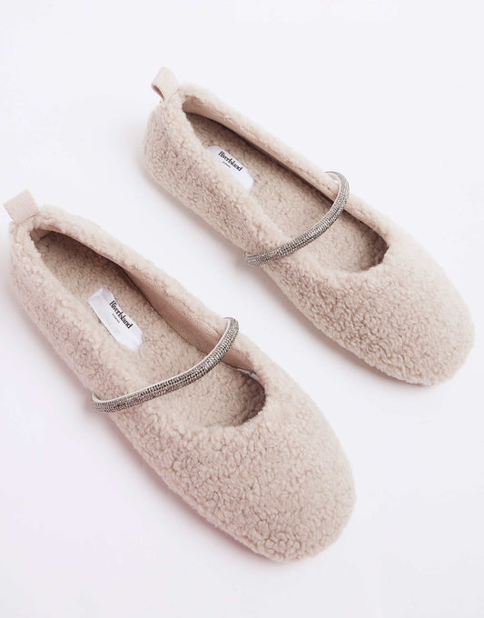 River Island fluffy ballet slipper with diamante detail in light grey