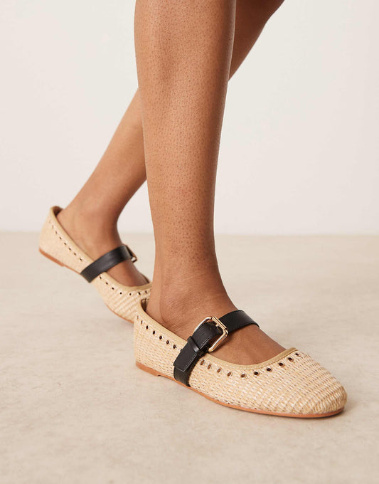 ASOS DESIGN Wide Fit Larson eyelet mary jane ballets in natural weave