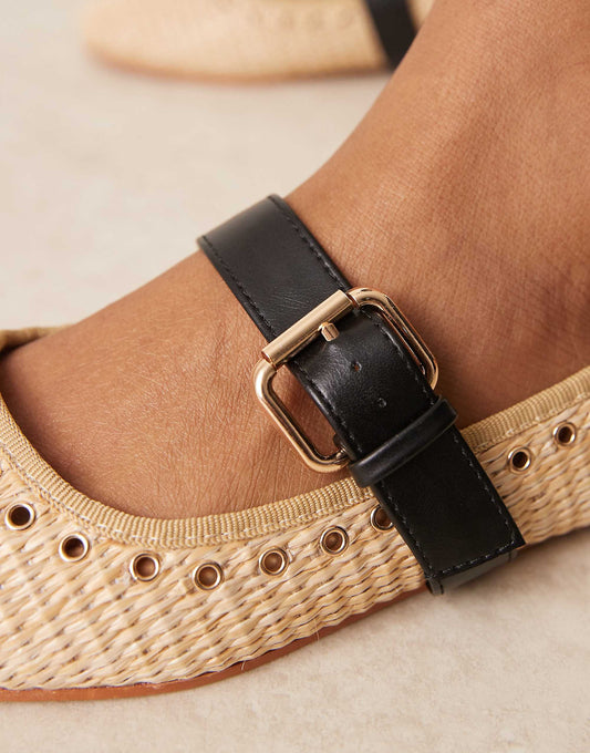 ASOS DESIGN Wide Fit Larson eyelet mary jane ballets in natural weave