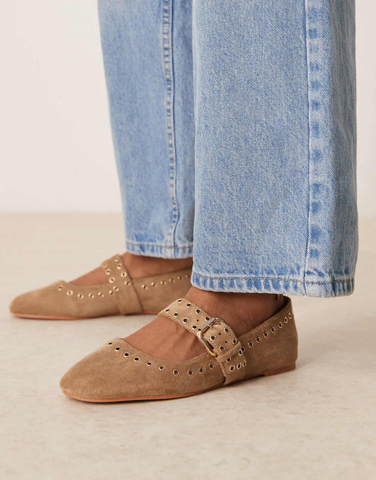 ASOS DESIGN Larson eyelet mary jane ballets in taupe suedette