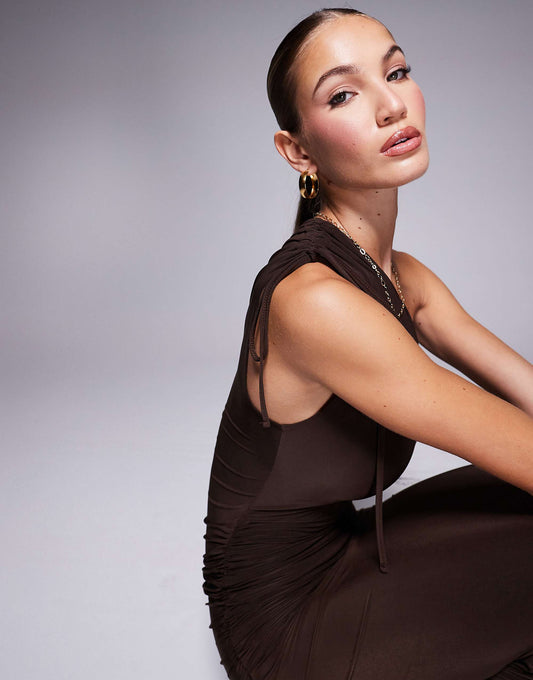 Kaiia exclusive double layered slinky one shoulder drawstring detail bodycon midaxi dress in chocolate