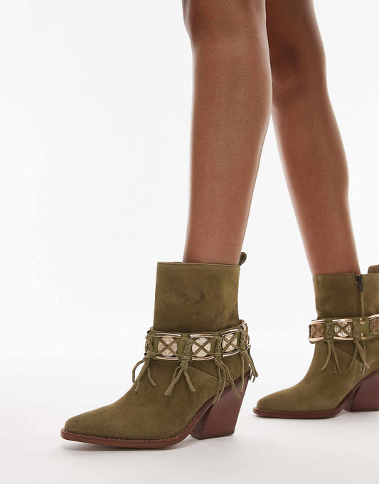 Bronx New-kole fringe western ankle boots in khaki suede