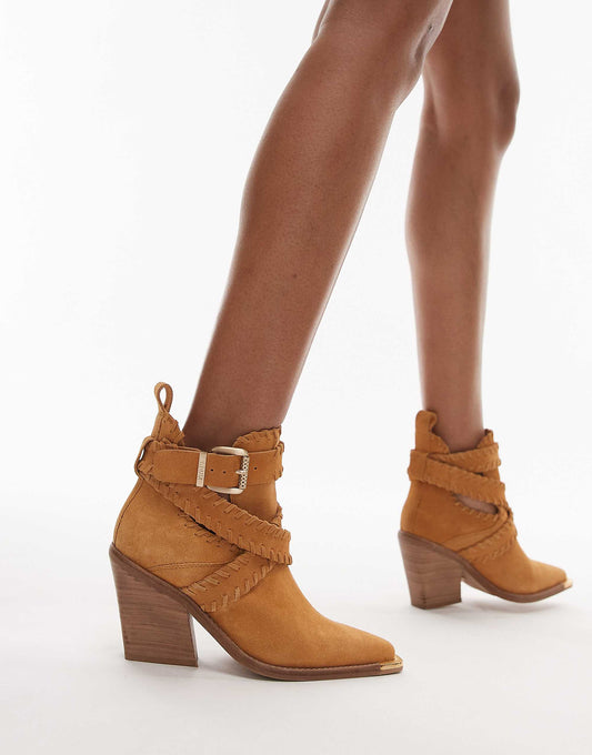 Bronx New-kole buckle western ankle boots in toffee suede
