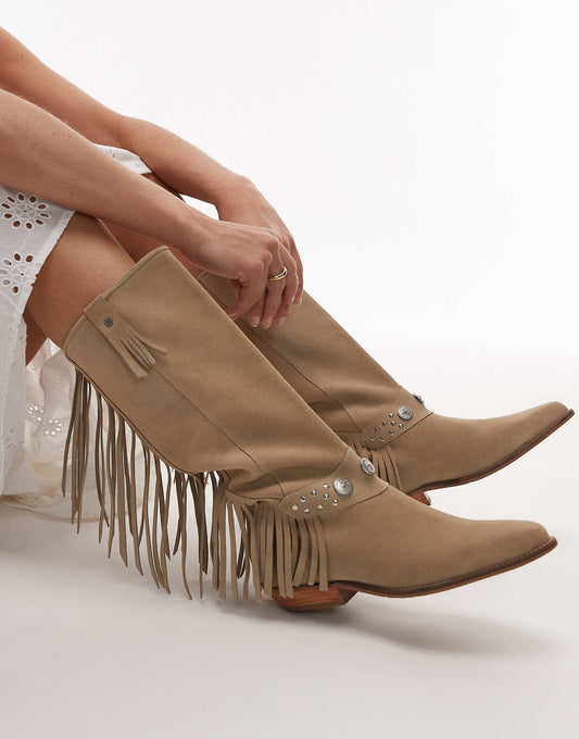 Bronx Kendr-a tassel western knee boots in oatmilk washed suede