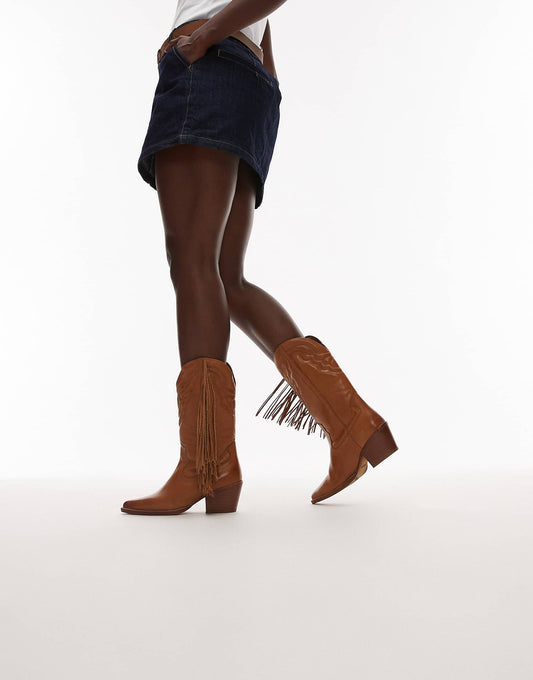 Bronx Jukeson tassel western knee boots in toffee smooth leather