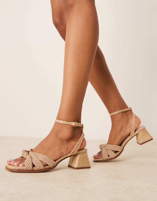 ASOS DESIGN Wide Fit Hummingbird weave detail mid block heeled sandals in stone