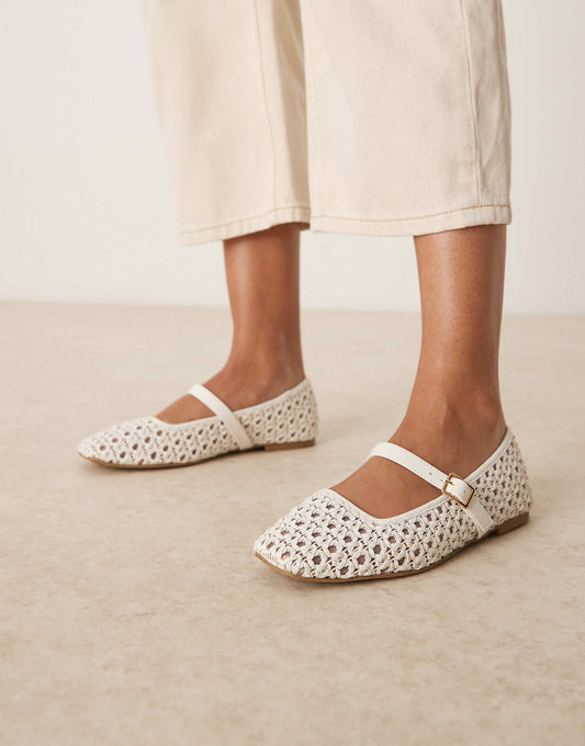 ASOS DESIGN Wide Fit Lottie mary jane ballets in off-white weave