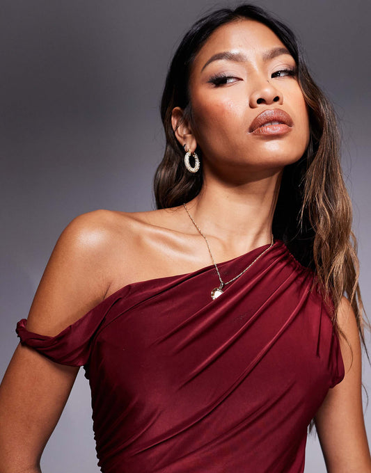 Kaiia exclusive double layered slinky twist off shoulder bodycon mini dress in burgundy