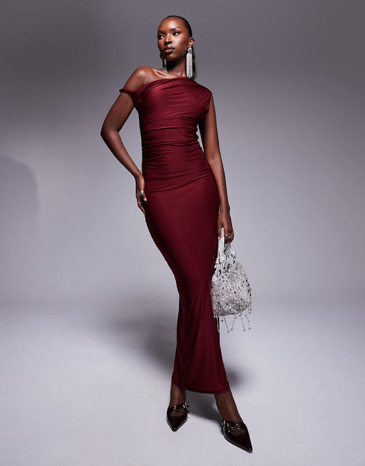Kaiia exclusive double layered slinky twist off shoulder bodycon maxi dress in burgundy