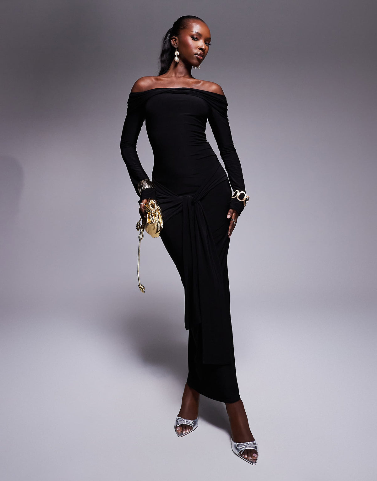 Kaiia exclusive double layered slinky bardot tie side drape detail maxi dress in black