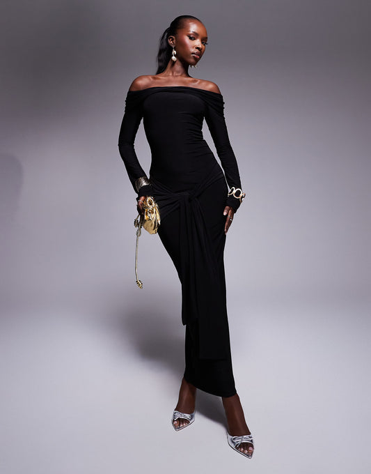 Kaiia exclusive double layered slinky bardot tie side drape detail maxi dress in black