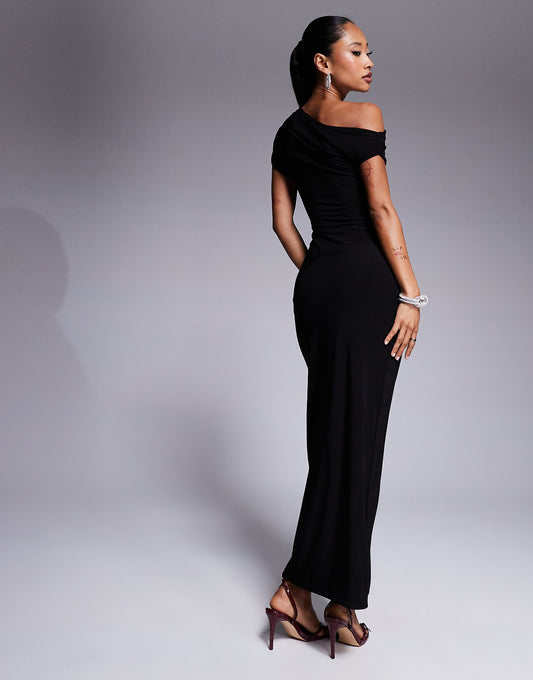 Kaiia exclusive double layered slinky drape off shoulder bodycon maxi dress in black