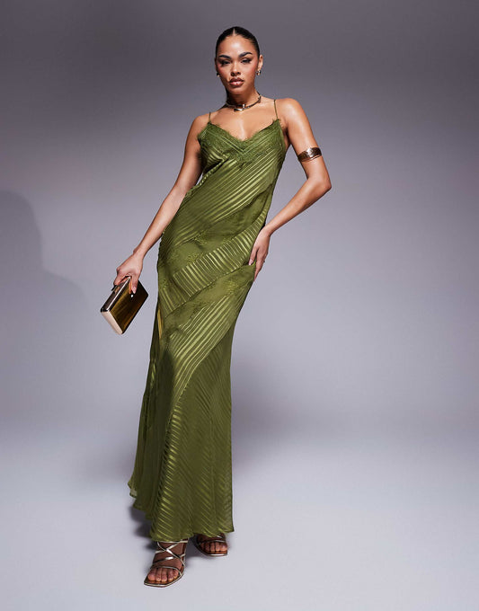 ASOS DESIGN lace insert satin stripe panelled maxi dress in green
