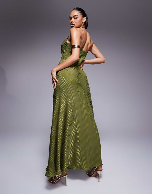 ASOS DESIGN lace insert satin stripe panelled maxi dress in green