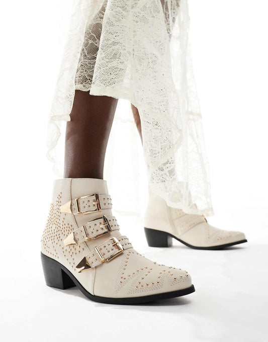 SEQWL Cattle studded buckle detail western boots in cream